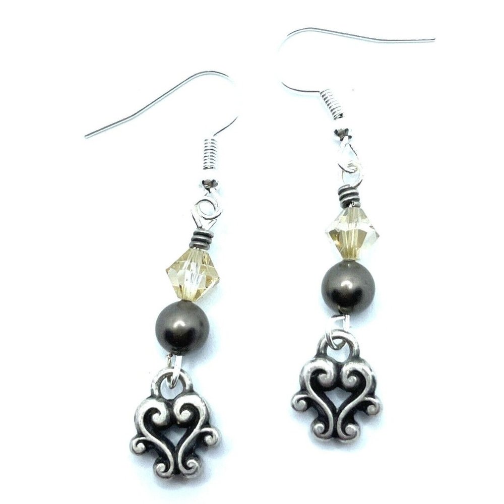 Brighton CANNES Light Ivory Beige & Dark Grey Pearls Beads Custom Earrings